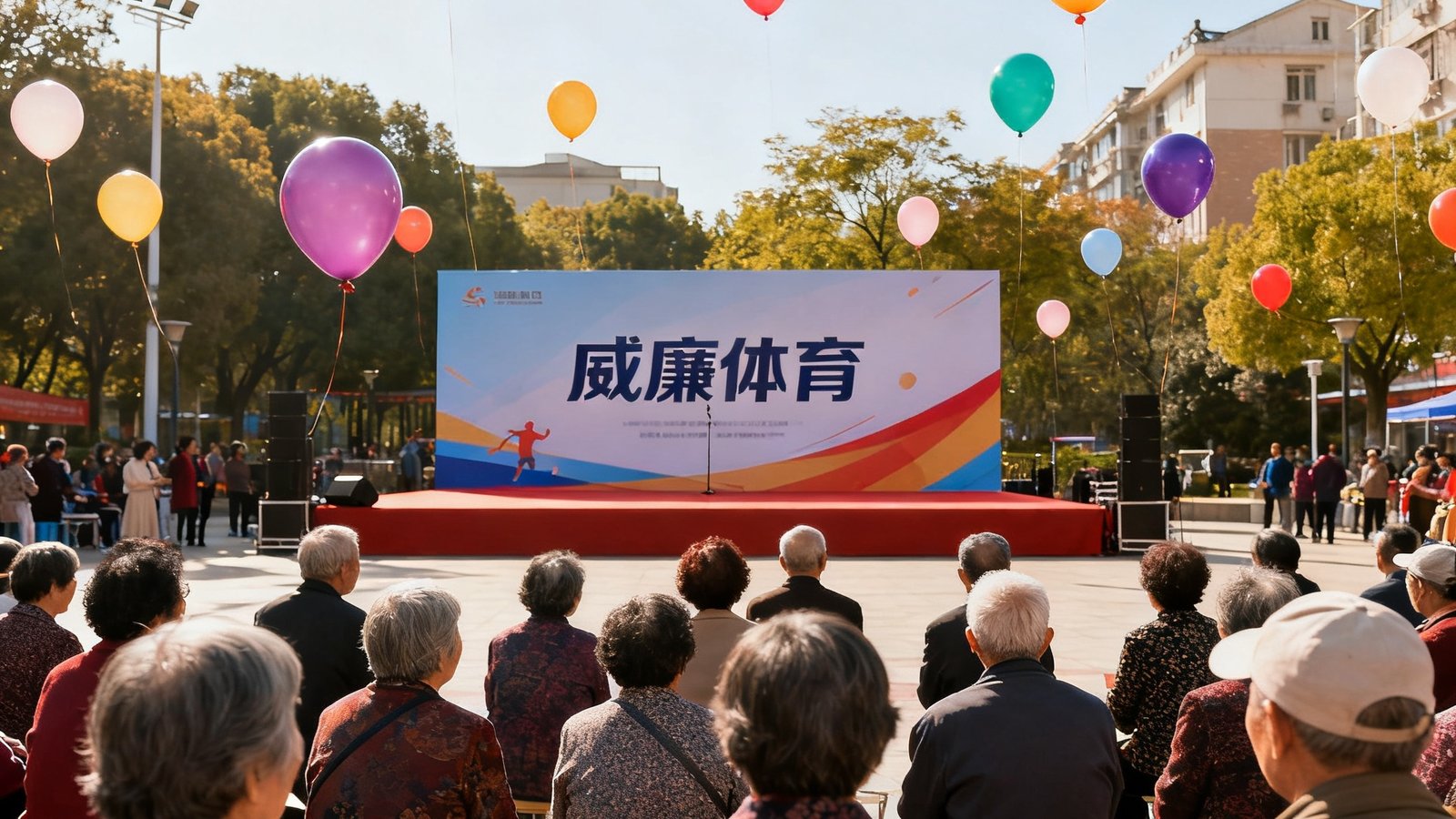 2025年社区运动嘉年华开幕式，数百位居民聚集在阳光社区广场，舞台背景板写着威廉体育字样，空中飘着彩色气球