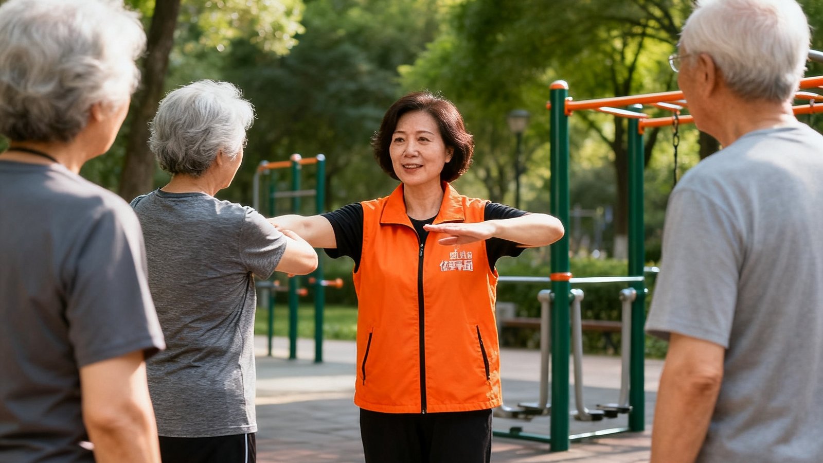 一位穿橙色威廉体育指导员马甲的中年女性正在社区公园为三位银发居民示范标准拉伸动作，背景是绿树和健身器材